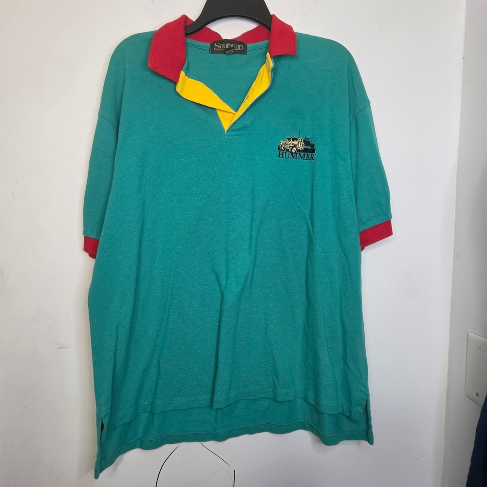 Vintage Southport Hummer H1 Polo Shirt Mens Large Teal Red Made in USA Cotton